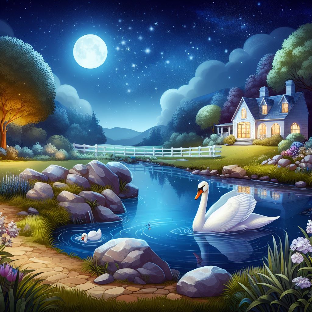 A ranch house and pond with swains the moon and stars light the  sky  blue and earth below.